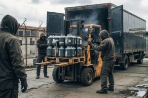 AI-afbeelding van smokkelaars die gasflessen met koudemiddel uit een vrachtauto halen.